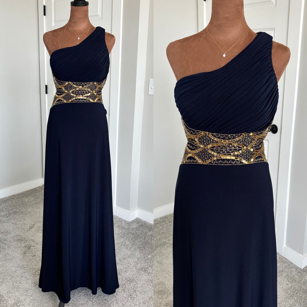 2010s Betsy & Adam Navy Gold Beaded One Shoulder Formal Gown‎ Prom Dress Size 6